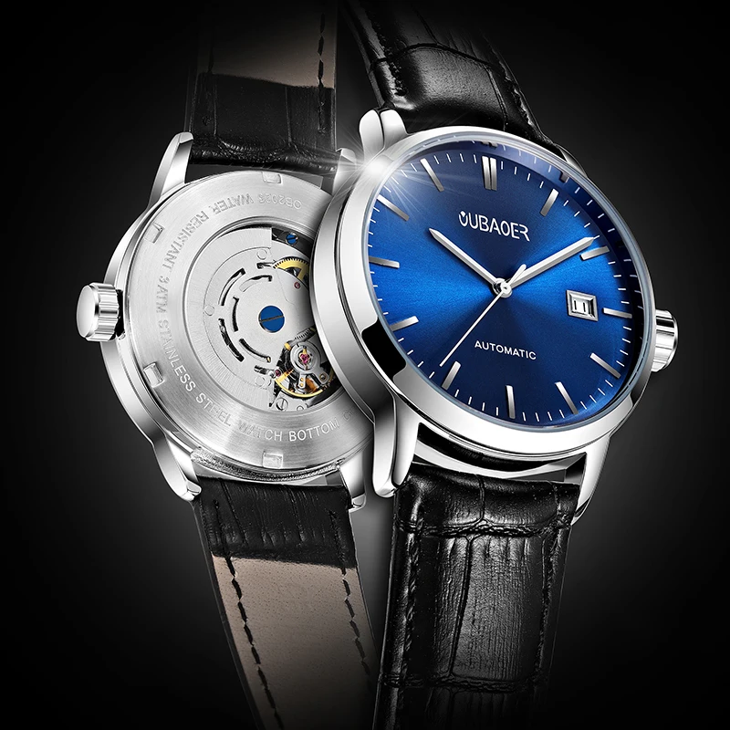 Мъжки часовник със син циферблат, автоматични механични часовници за мъжки бизнес, кожена каишка, ръчен часовник с автоматичен дата, водоустойчив класически минималистичные часовници Изображение 0