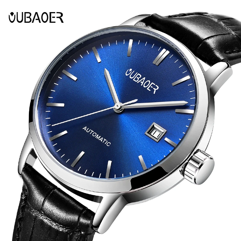 Мъжки часовник със син циферблат, автоматични механични часовници за мъжки бизнес, кожена каишка, ръчен часовник с автоматичен дата, водоустойчив класически минималистичные часовници Изображение 1