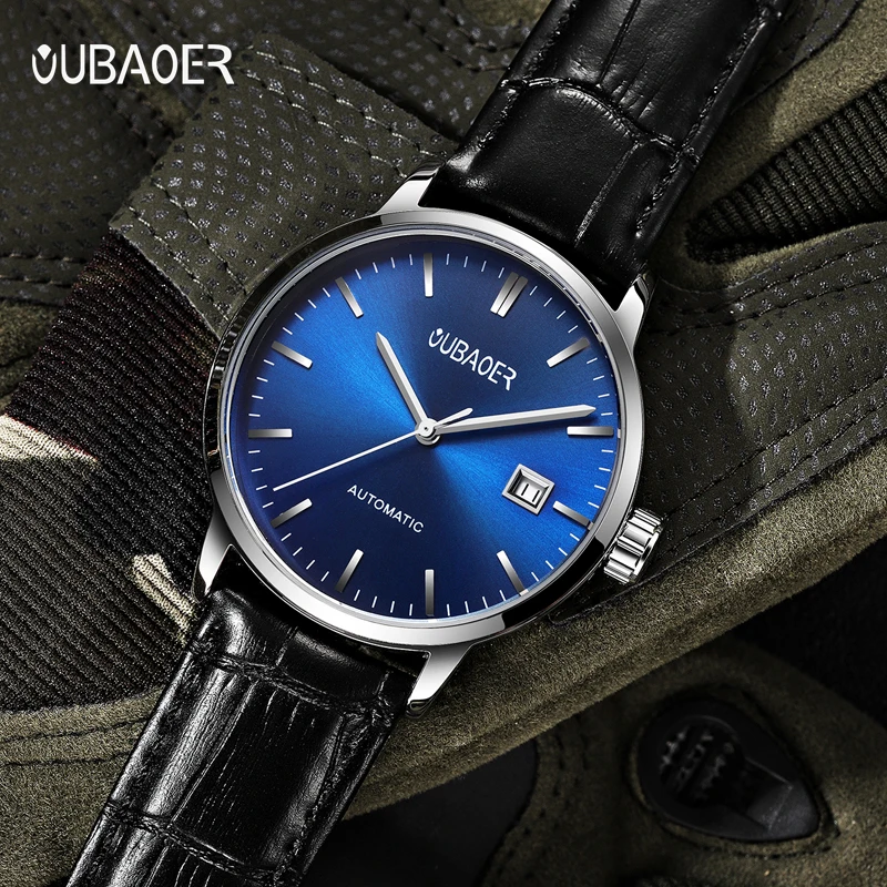 Мъжки часовник със син циферблат, автоматични механични часовници за мъжки бизнес, кожена каишка, ръчен часовник с автоматичен дата, водоустойчив класически минималистичные часовници Изображение 2
