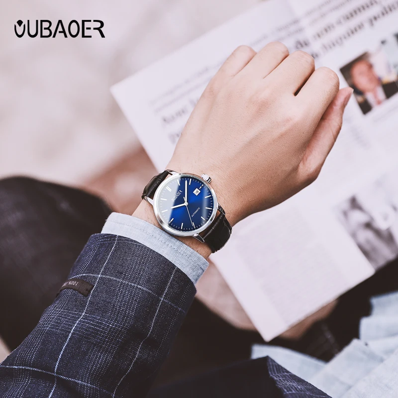 Мъжки часовник със син циферблат, автоматични механични часовници за мъжки бизнес, кожена каишка, ръчен часовник с автоматичен дата, водоустойчив класически минималистичные часовници Изображение 3