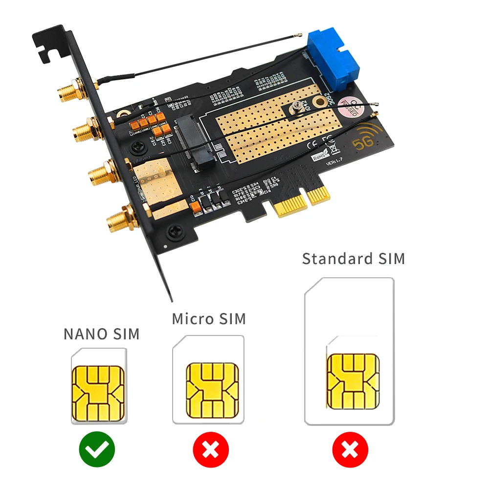 M. 2 Wifi Модул за връзка към картата на разширяване на PCIE X1/USB 3.0, 4 Антени, Слот за NANO SIM карта, Ключ NGFF B за Безжичен модул 30x42/52 3G, 4G 5G M2 Изображение 2