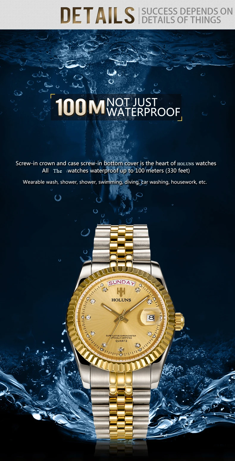 Holuns кварцови часовници за мъже Япония Movt Неръждаема стомана Нови Модни класически часовници Сапфирен кристал светлинен 41 мм водонепроницаемое Изображение 2