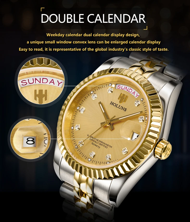 Holuns кварцови часовници за мъже Япония Movt Неръждаема стомана Нови Модни класически часовници Сапфирен кристал светлинен 41 мм водонепроницаемое Изображение 4