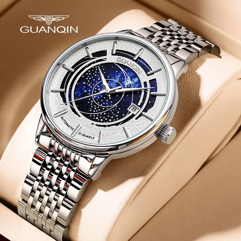 GUANQIN мъжки стоманени автоматично ръчен часовник със звездна циферблат 21 скъпоценен камък Механични часови мъжки модерен часовник с светящимся стъкло водоустойчив покритие Изображение 0