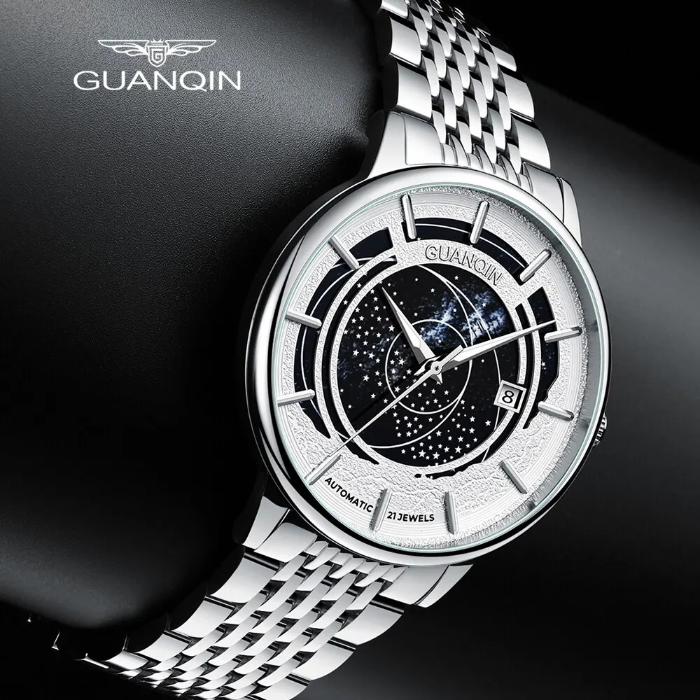 GUANQIN мъжки стоманени автоматично ръчен часовник със звездна циферблат 21 скъпоценен камък Механични часови мъжки модерен часовник с светящимся стъкло водоустойчив покритие Изображение 2