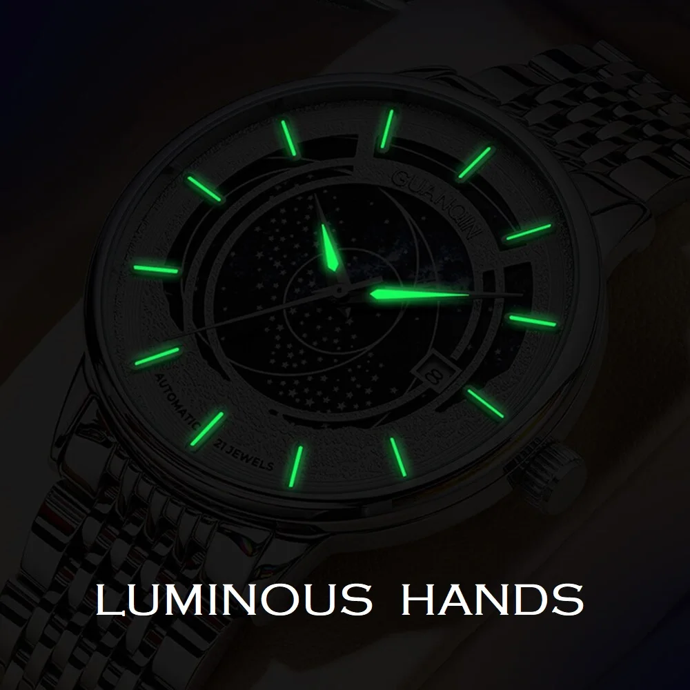 GUANQIN мъжки стоманени автоматично ръчен часовник със звездна циферблат 21 скъпоценен камък Механични часови мъжки модерен часовник с светящимся стъкло водоустойчив покритие Изображение 3