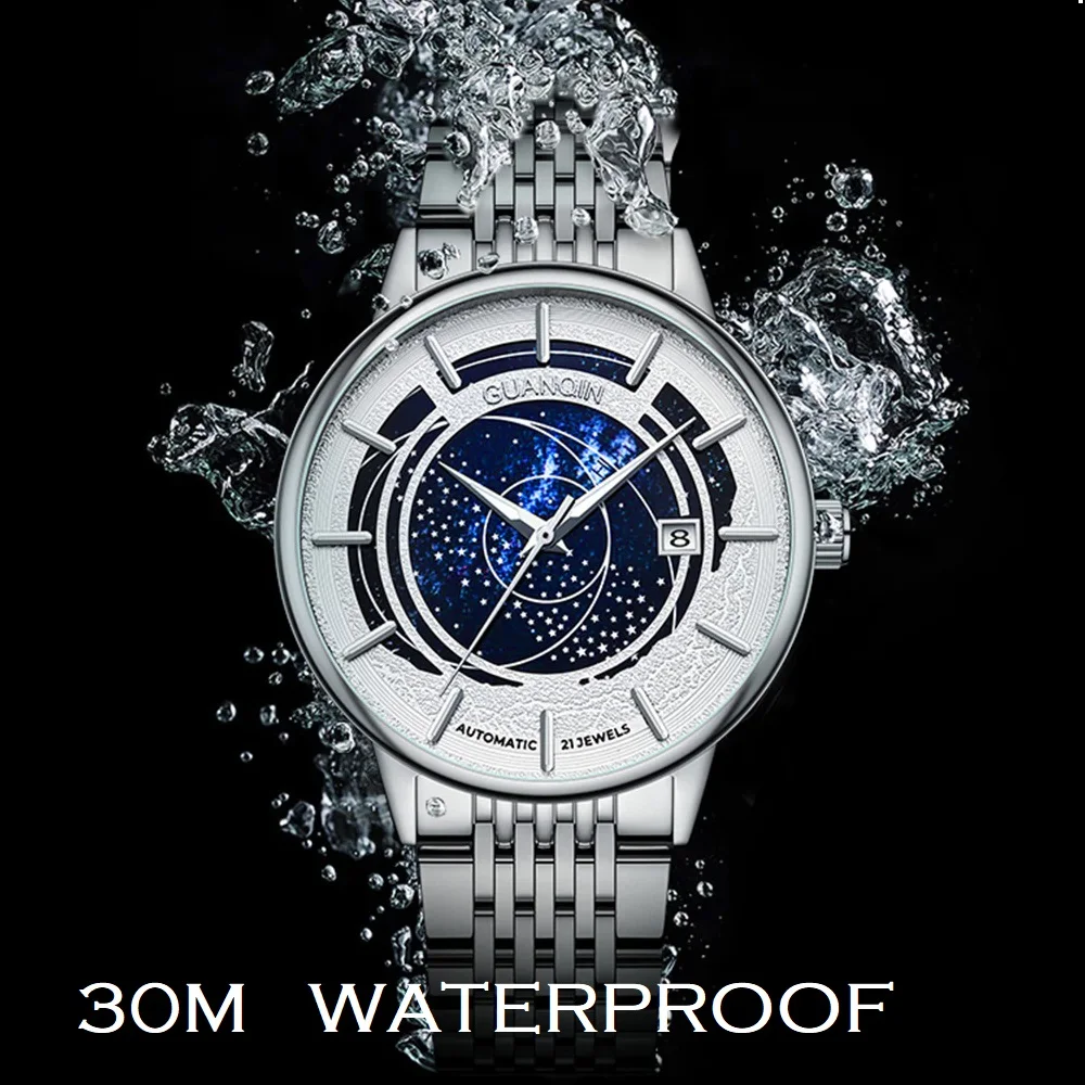 GUANQIN мъжки стоманени автоматично ръчен часовник със звездна циферблат 21 скъпоценен камък Механични часови мъжки модерен часовник с светящимся стъкло водоустойчив покритие Изображение 4
