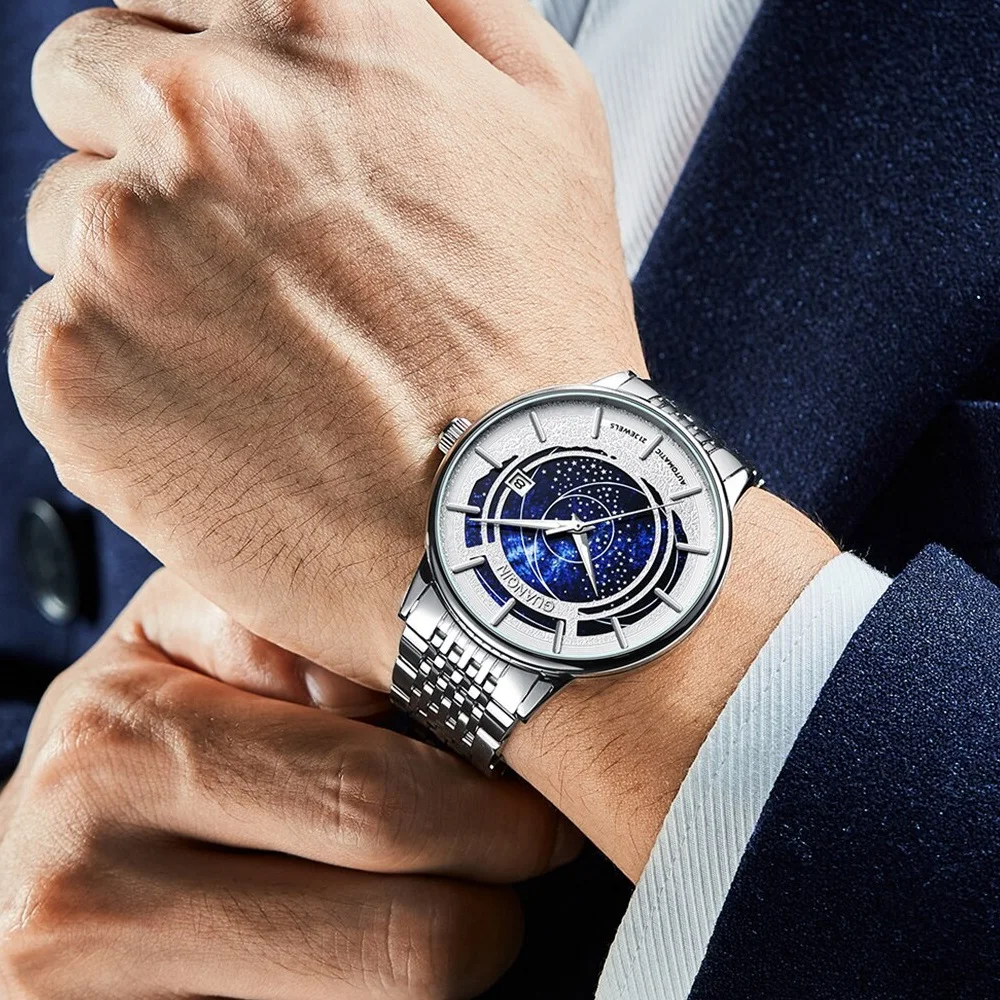 GUANQIN мъжки стоманени автоматично ръчен часовник със звездна циферблат 21 скъпоценен камък Механични часови мъжки модерен часовник с светящимся стъкло водоустойчив покритие Изображение 5
