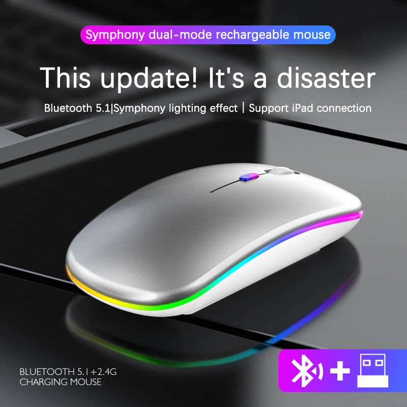 Безжична мишка RGB Акумулаторни Bluetooth-мишка Безжична компютърна ергономична детска мишката Mause с led подсветка за преносими КОМПЮТРИ Изображение 3