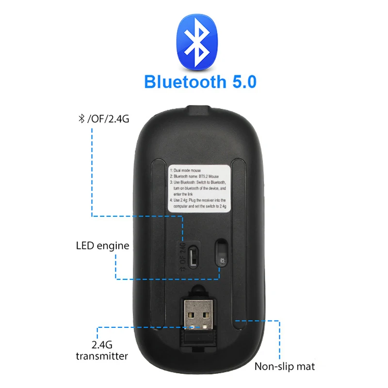Безжична мишка RGB Акумулаторни Bluetooth-мишка Безжична компютърна ергономична детска мишката Mause с led подсветка за преносими КОМПЮТРИ Изображение 5