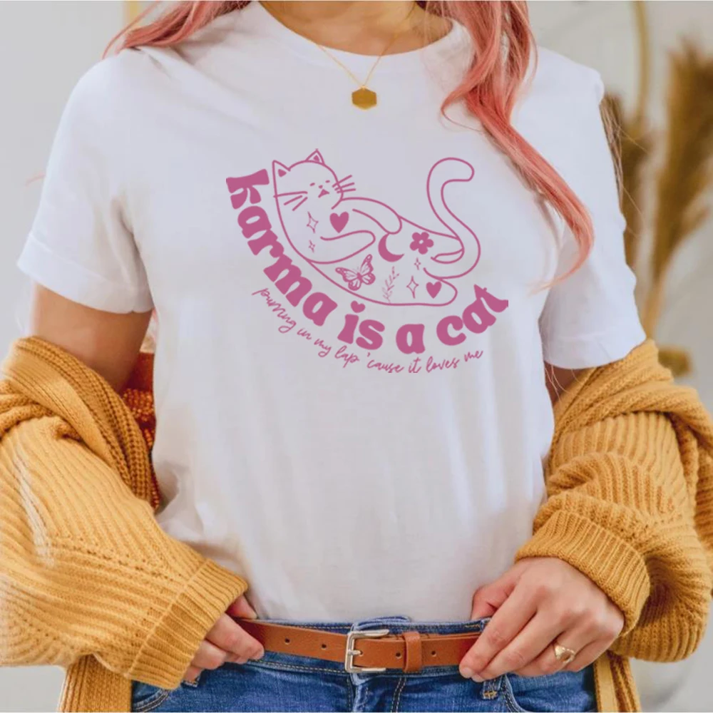 Тениска Karma Is A Cat, ретро тениска Midnights, Тениска Meet Me At Midnight, Тениска с сладък котка, Дамски Дрехи, Летни Потници, Тениски, Подарък за Феновете Изображение 0