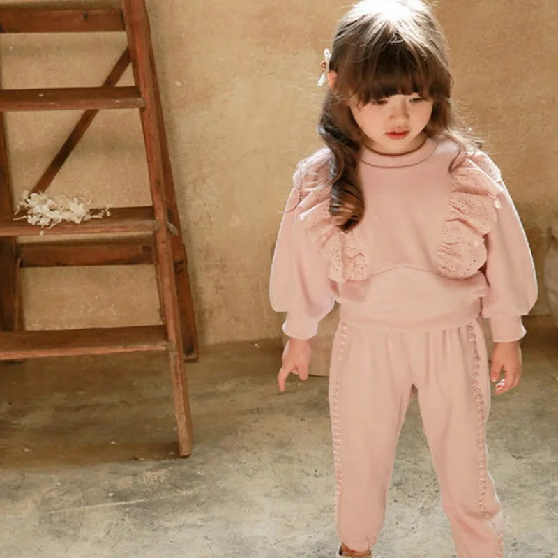 Корейски стил, нови пролетно-есенни блузи за малки момичета, розово, бежово, памук пуловер с кръгла воротом и накъдрен, топ, детски дрехи E671 Изображение 1