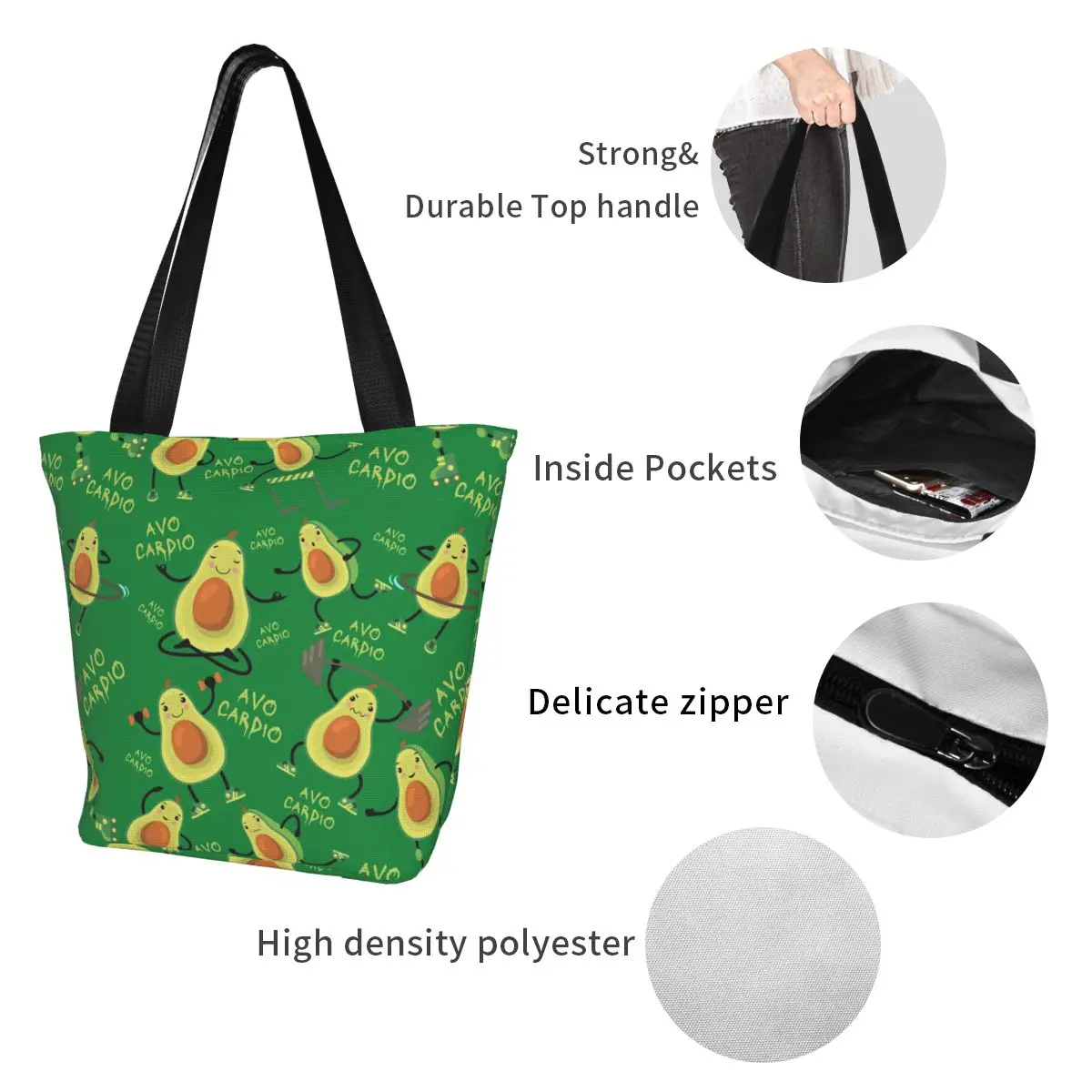 Процесът зелена Авокадо Кардио, забавно чанта за пазаруване с шарени авокадо, холщовая чанта-тоут, здрави торбички за пазаруване в магазини за хранителни стоки Изображение 4