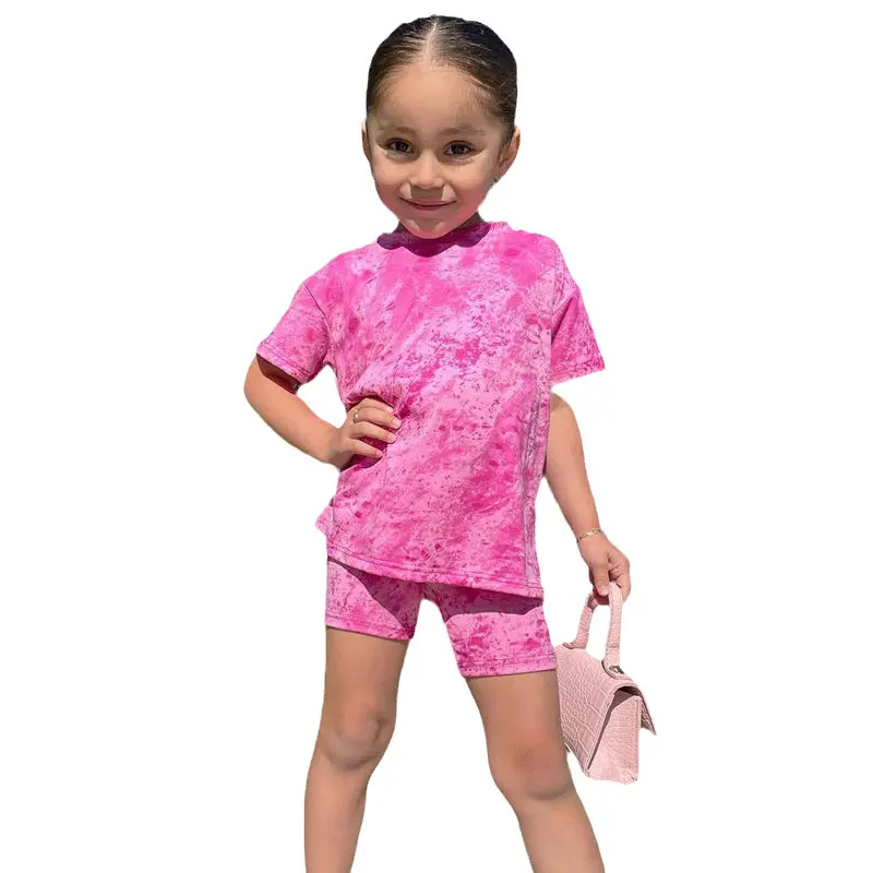Детски летни дрехи от 1 до 8 години, комплекти шорти за момичета, розови блузи с къс ръкав, тениска + Шорти, панталони, детски ежедневни облекла за момичета Изображение 0
