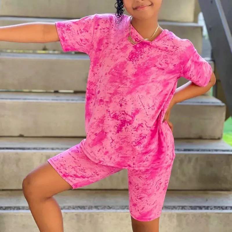 Детски летни дрехи от 1 до 8 години, комплекти шорти за момичета, розови блузи с къс ръкав, тениска + Шорти, панталони, детски ежедневни облекла за момичета Изображение 1