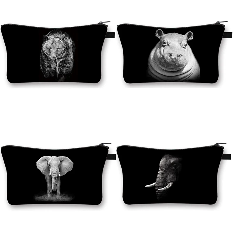 Черно-Бели животни Дамски косметичка с шарени Гиппопотама, Слонове, Органайзер за Пътуване, Тоалетни козметични чанти Изображение 0