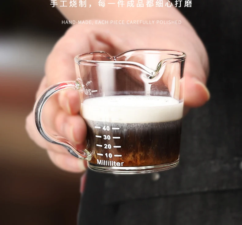 Италианската чаша за еспресо в Стъклена с градуированным мерным чаша в унции, чаша за екстракция, малко млечни чаша ръчна изработка, огнеупорни молочник Изображение 5