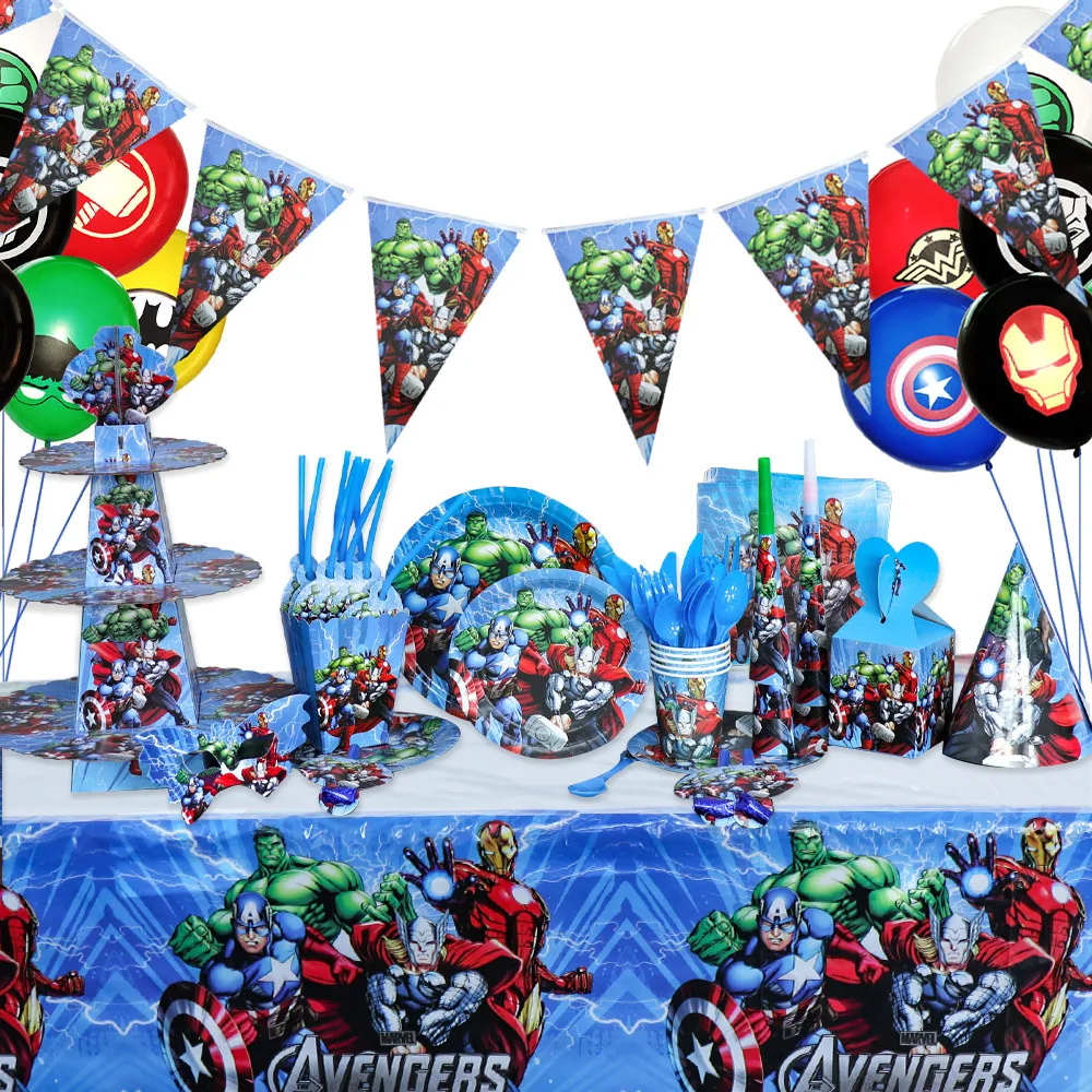 Украса тематични партита Marvel Отмъстителите Прибори за Еднократна употреба Хартиени чаши и Чинии балони за банери за детски рожден Ден Изображение 0