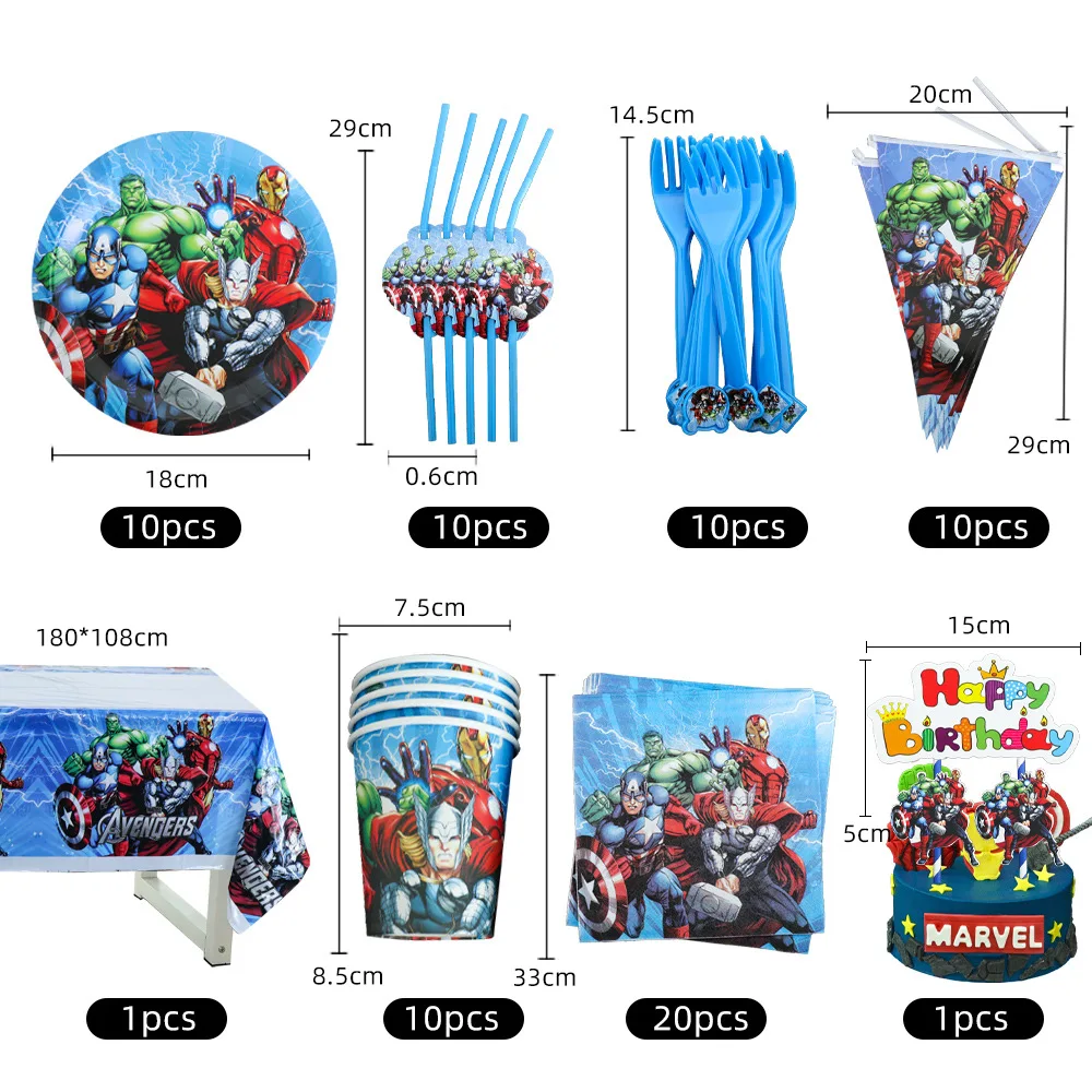Украса тематични партита Marvel Отмъстителите Прибори за Еднократна употреба Хартиени чаши и Чинии балони за банери за детски рожден Ден Изображение 1