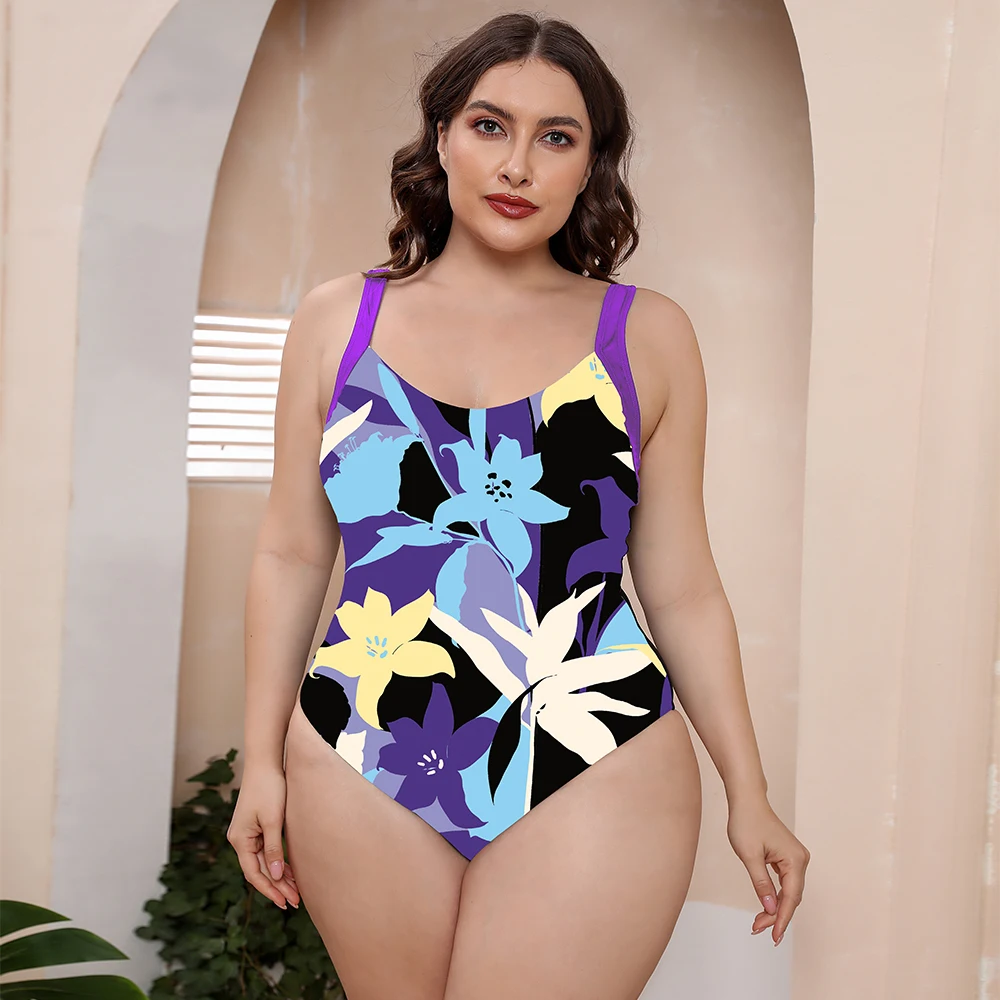2022 Нов дамски бански големи размери, едно парче бански голям размер, бански костюми с цветен модел, плажни дрехи за жени Изображение 3
