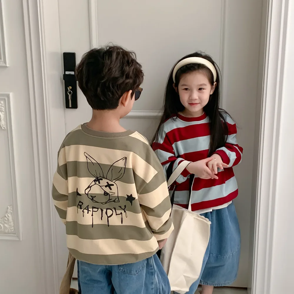 Пролетни детски блузи на райета с анимационни принтом, детски ежедневни памучни пуловери Изображение 1