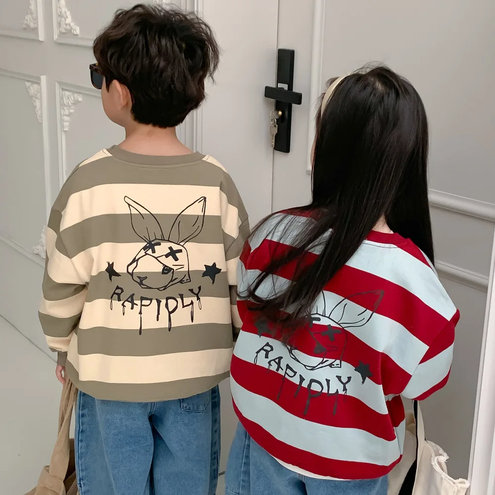 Пролетни детски блузи на райета с анимационни принтом, детски ежедневни памучни пуловери Изображение 3