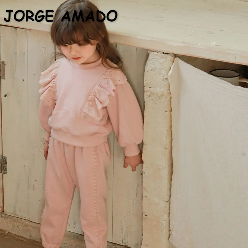 Корейски стил, нови пролетно-есенни блузи за малки момичета, розово, бежово, памук пуловер с кръгла воротом и накъдрен, топ, детски дрехи E671 Изображение 0