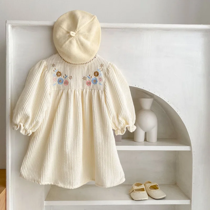 Пролетен детски дрехи 2023 г., нова рокля с пищни ръкави и цветна бродерия за малки момичета, вельветовые рокли малка принцеса с високо качество Изображение 0
