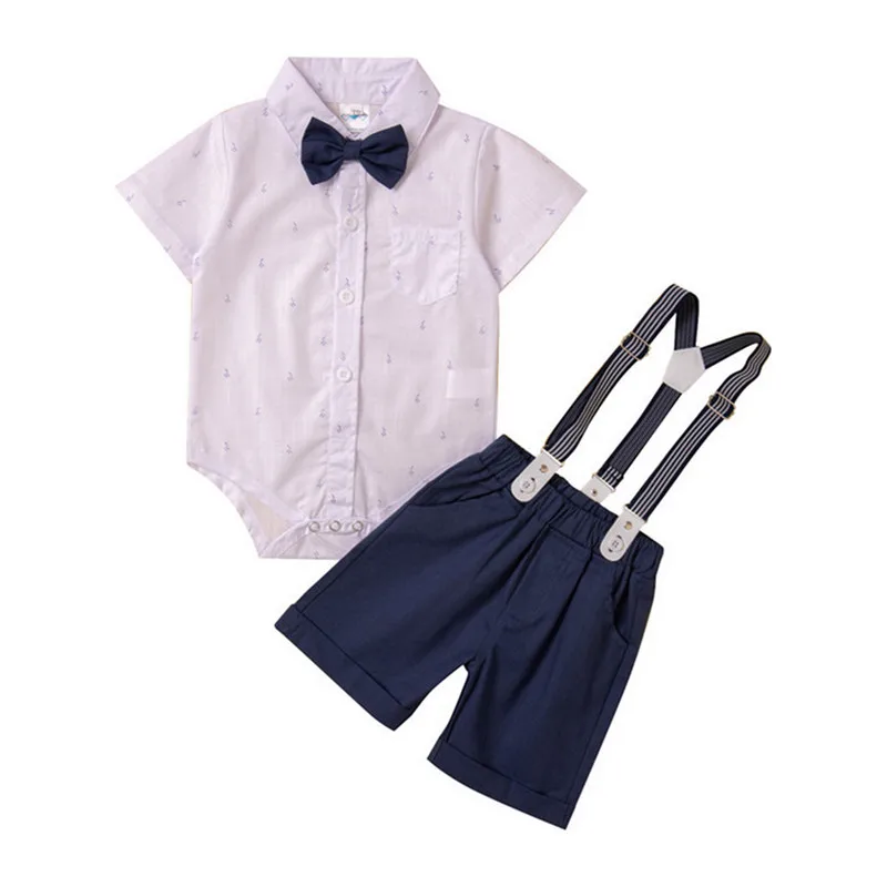 Облекло за господа за новородени момчета, летен гащеризон 2023 година копчета с къс ръкав, папийонка и ежедневни панталони на подтяжках Изображение 0