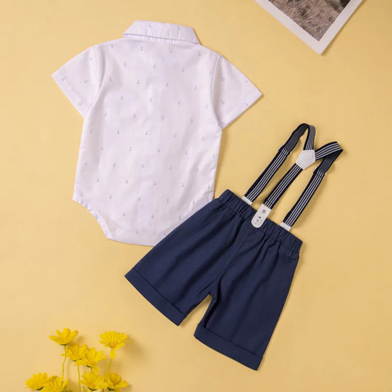 Облекло за господа за новородени момчета, летен гащеризон 2023 година копчета с къс ръкав, папийонка и ежедневни панталони на подтяжках Изображение 2