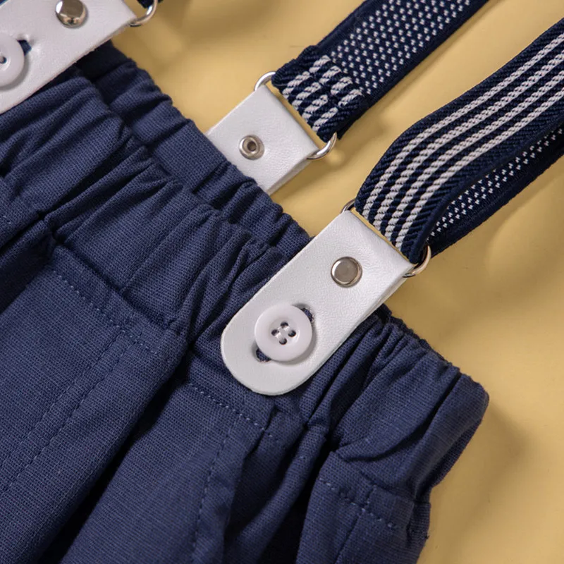 Облекло за господа за новородени момчета, летен гащеризон 2023 година копчета с къс ръкав, папийонка и ежедневни панталони на подтяжках Изображение 3