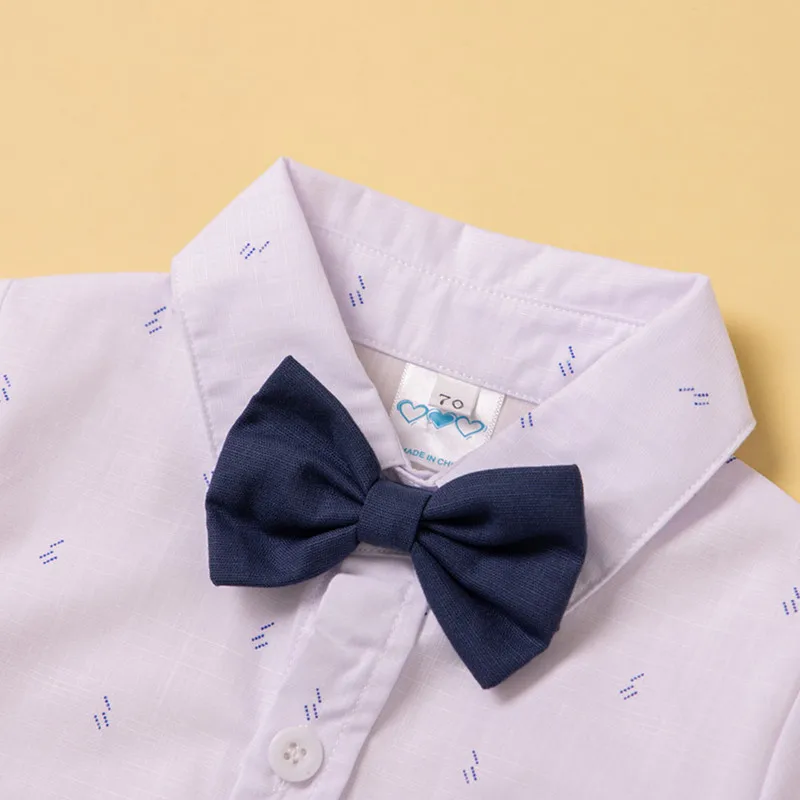 Облекло за господа за новородени момчета, летен гащеризон 2023 година копчета с къс ръкав, папийонка и ежедневни панталони на подтяжках Изображение 5