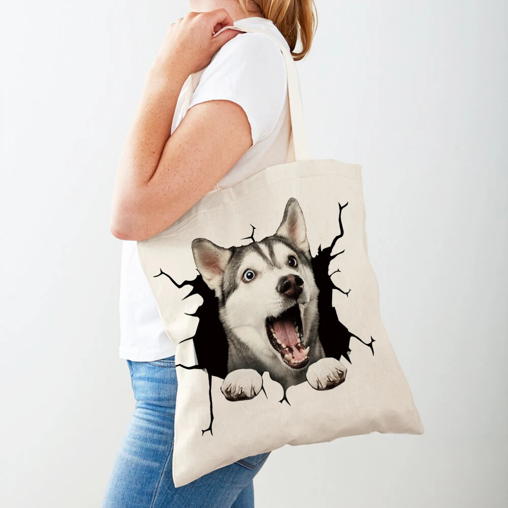 Дамски чанти за пазаруване с 3D картина карикатура кучета, дамски холщовая чанта-тоут, множество двустранно ежедневна чанта за пазаруване с принтом домашни любимци Изображение 0