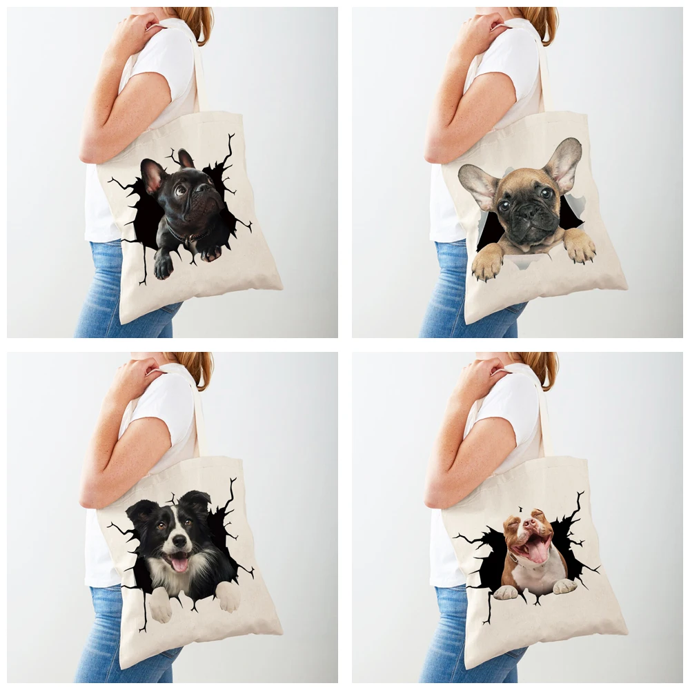 Дамски чанти за пазаруване с 3D картина карикатура кучета, дамски холщовая чанта-тоут, множество двустранно ежедневна чанта за пазаруване с принтом домашни любимци Изображение 1