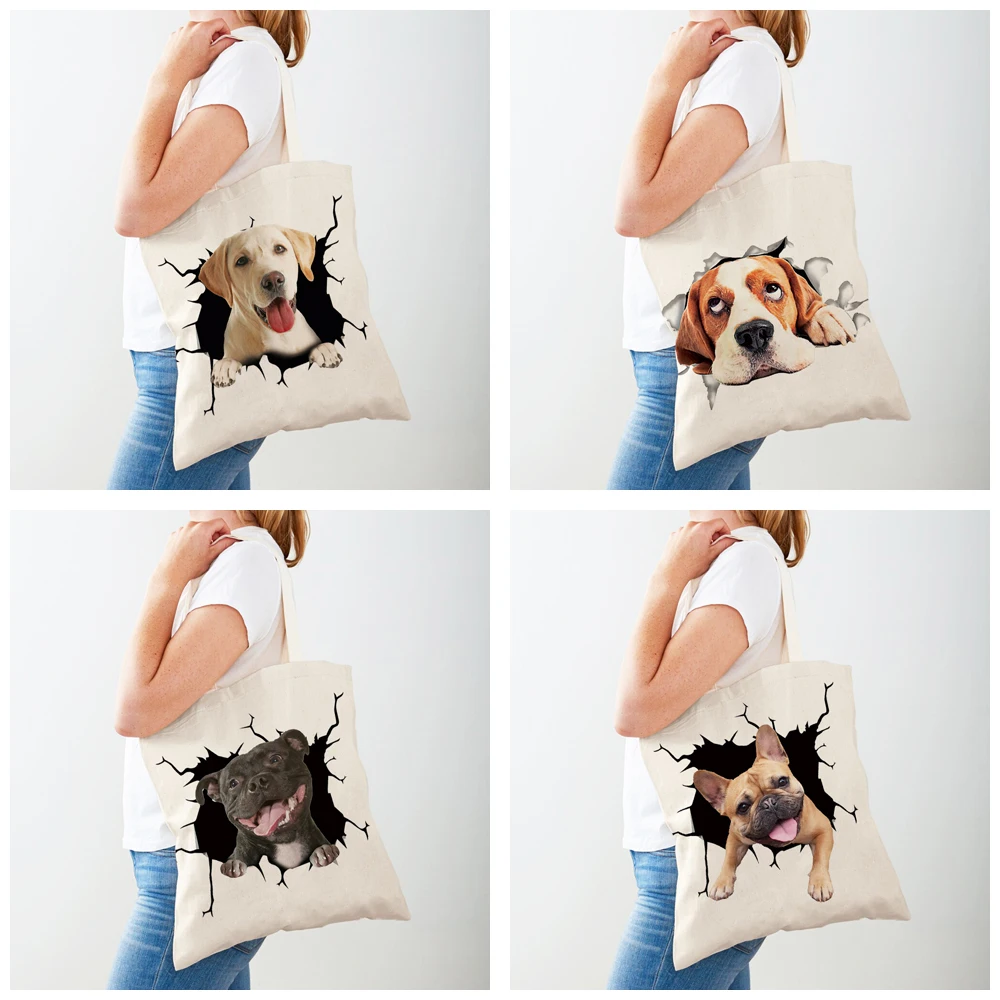 Дамски чанти за пазаруване с 3D картина карикатура кучета, дамски холщовая чанта-тоут, множество двустранно ежедневна чанта за пазаруване с принтом домашни любимци Изображение 2