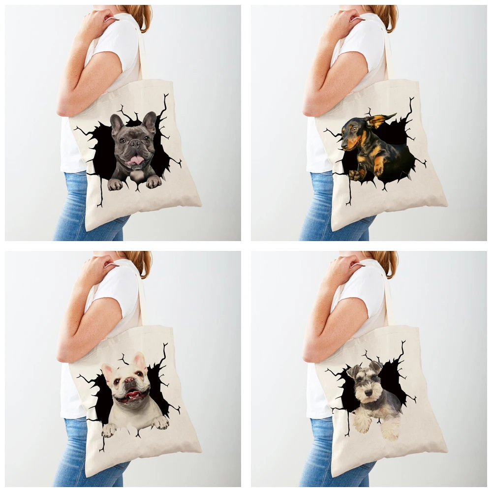 Дамски чанти за пазаруване с 3D картина карикатура кучета, дамски холщовая чанта-тоут, множество двустранно ежедневна чанта за пазаруване с принтом домашни любимци Изображение 3
