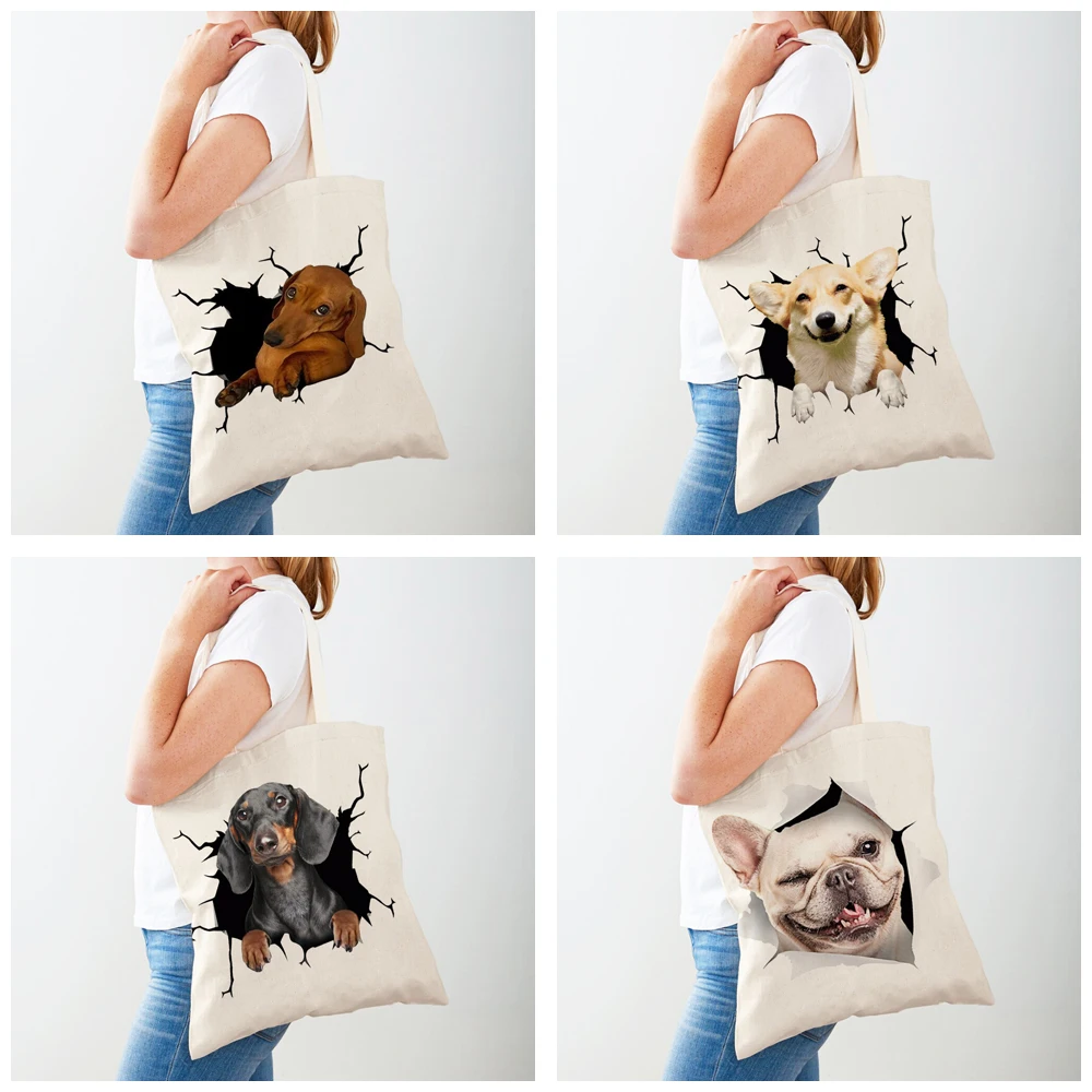 Дамски чанти за пазаруване с 3D картина карикатура кучета, дамски холщовая чанта-тоут, множество двустранно ежедневна чанта за пазаруване с принтом домашни любимци Изображение 4
