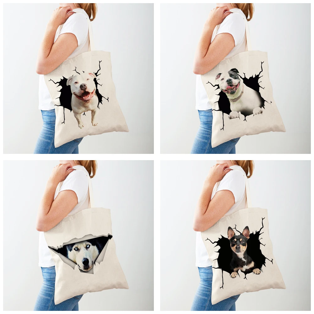Дамски чанти за пазаруване с 3D картина карикатура кучета, дамски холщовая чанта-тоут, множество двустранно ежедневна чанта за пазаруване с принтом домашни любимци Изображение 5